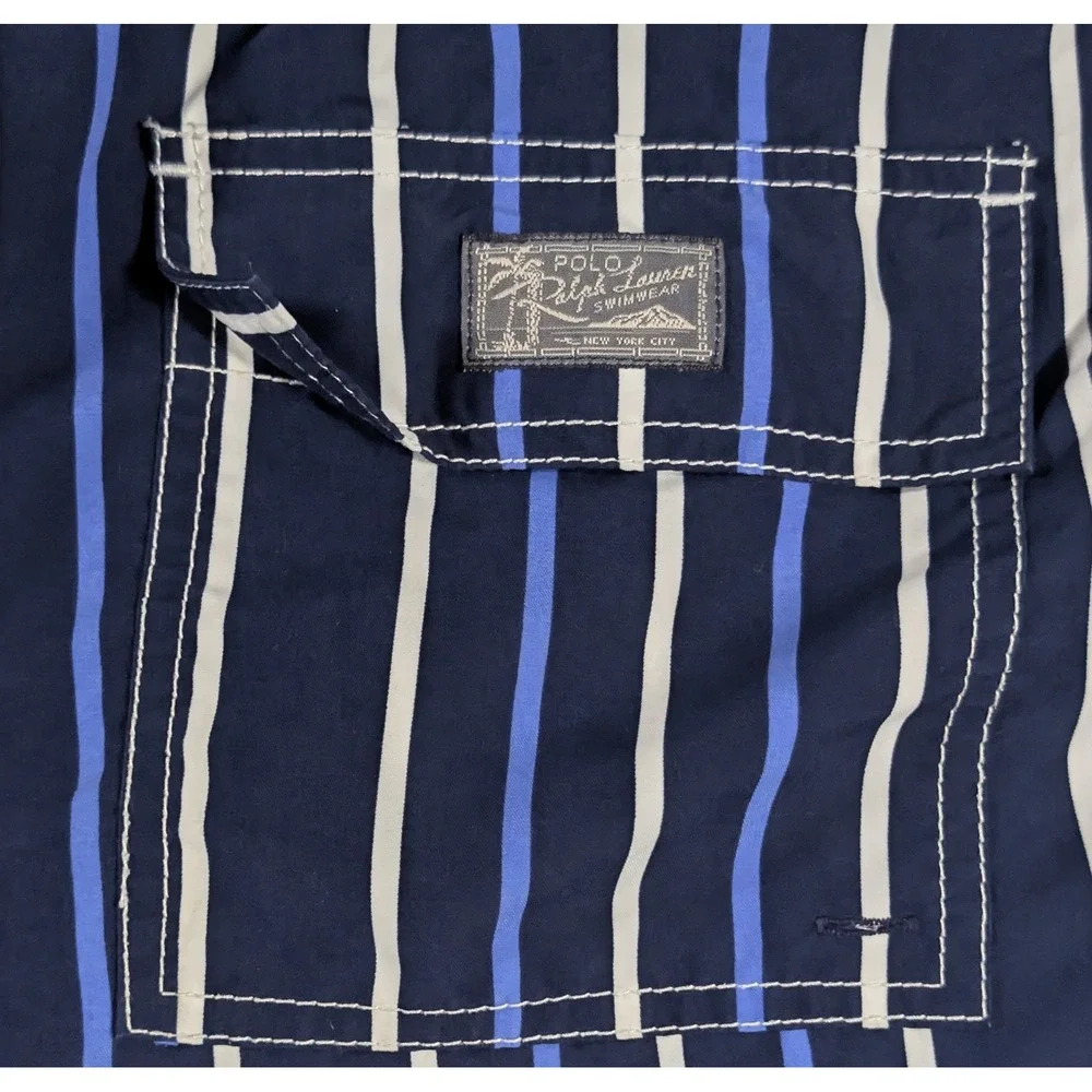 Polo Ralph Lauren Swim Trunks Mens XL Navy Blue Striped Mesh Lined Board Shorts